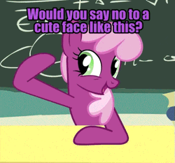 Size: 503x469 | Tagged: safe, edit, edited screencap, editor:undeadponysoldier, ponerpics import, ponybooru import, screencap, cheerilee, earth pony, pony, adorable face, chalkboard, cheeribetes, cute, female, gif, happy, image, mare, meme, pointing, pointing at self, saturn, talking to viewer, text