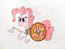 Size: 4032x3016 | Tagged: safe, artist:jakusi, ponerpics import, pinkie pie, earth pony, pony, /pnk/, angry, armor, chainmail, clothes, dane axe, female, image, jpeg, mare, pinktober, shield, solo, traditional art, viking, weapon