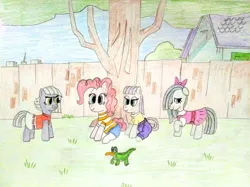 Size: 4032x3016 | Tagged: safe, artist:jakusi, ponerpics import, gummy, limestone pie, marble pie, maud pie, pinkie pie, earth pony, pony, /pnk/, angry, beak, bow, candace flynn, clothes, dress, female, fence, ferb fletcher, grass, hair bow, image, isabella garcia shapiro, jpeg, mare, pants, perry the platypus, phineas and ferb, phineas flynn, pinktober, shirt, shy, sitting, skirt, solo, t-shirt, traditional art, tree