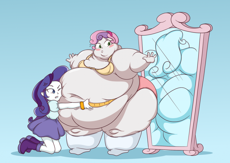 Size: 2283x1614 | Tagged: suggestive, artist:eugenemcgreen, derpibooru import, rarity, sweetie belle, human, equestria girls, bbw, bra, clothes, commission, duo, duo female, fat, female, image, mirror, morbidly obese, obese, png, reflection, socks, ssbbw, sweetie belly, underwear, white socks