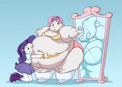 Size: 2283x1614 | Tagged: suggestive, artist:eugenemcgreen, derpibooru import, rarity, sweetie belle, human, equestria girls, bbw, bra, clothes, commission, duo, duo female, fat, female, image, mirror, morbidly obese, obese, png, reflection, socks, ssbbw, sweetie belly, underwear, white socks