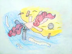 Size: 4032x3016 | Tagged: safe, artist:jakusi, ponerpics import, pinkie pie, earth pony, pony, /pnk/, beach, castaway, face down, female, image, jpeg, mare, ocean, pinktober, plank, prone, solo, sploot, sports, traditional art, volleyball, water, wave