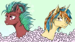 Size: 2047x1150 | Tagged: safe, artist:hysteriana, derpibooru import, oc, oc:lost dark soul, oc:traitor, demon, demon pony, original species, succubus, unicorn, colored, duo, duo male and female, ear fluff, female, full color, green background, horn, horns, image, male, phone drawing, pink eyes, png, requested art, simple background, smiling
