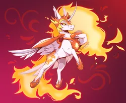 Size: 2236x1836 | Tagged: safe, artist:lucythunderforth, derpibooru import, daybreaker, alicorn, pony, antagonist, armor, crown, curved horn, digital art, ethereal mane, ethereal tail, eyelashes, fangs, feather, female, fire, flowing mane, flowing tail, g4, gem, helmet, high res, hoof shoes, horn, image, jewelry, long horn, looking at you, mane of fire, mare, peytral, png, red background, regalia, signature, simple background, smiling, smiling at you, solo, spread wings, tail, tail of fire, teeth, villainess, wing armor, wings, yellow eyes