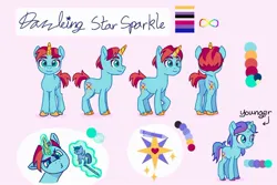 Size: 1024x683 | Tagged: safe, artist:dazzle, derpibooru import, oc, oc:dazzling star sparkle, pony, unicorn, bisexual pride flag, blue background, colt, cutie mark, foal, image, jpeg, magic, male, pride, pride flag, reference sheet, simple background, stallion, telekinesis