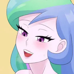 Size: 414x414 | Tagged: suggestive, artist:riouku, derpibooru import, princess celestia, equestria girls, bedroom eyes, commission, commissioner:someguy845, cropped, cropped porn, female, image, jpeg, open mouth, principal celestia, simple background, solo, solo female, yellow background