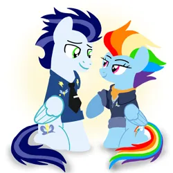 Size: 1400x1400 | Tagged: safe, artist:mlplary6, derpibooru import, rainbow dash, soarin', pegasus, pony, the last problem, bomber jacket, clothes, female, husband and wife, image, jacket, looking at each other, looking at someone, male, mare, older, older rainbow dash, older soarin', older soarindash, png, shipping, sitting, smiling, smiling at each other, soarindash, stallion, straight