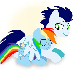 Size: 1400x1400 | Tagged: safe, artist:mlplary6, derpibooru import, rainbow dash, soarin', pegasus, pony, boyfriend and girlfriend, eyes closed, female, hug, image, lying down, male, mare, png, shipping, smiling, soarindash, stallion, straight, winghug, wings