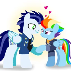 Size: 1400x1400 | Tagged: safe, artist:mlplary6, derpibooru import, rainbow dash, soarin', pegasus, pony, the last problem, bomber jacket, clothes, female, heart, husband and wife, image, jacket, looking at each other, looking at someone, love, male, mare, older, older rainbow dash, older soarin', older soarindash, png, shipping, smiling, smiling at each other, soarindash, stallion, straight