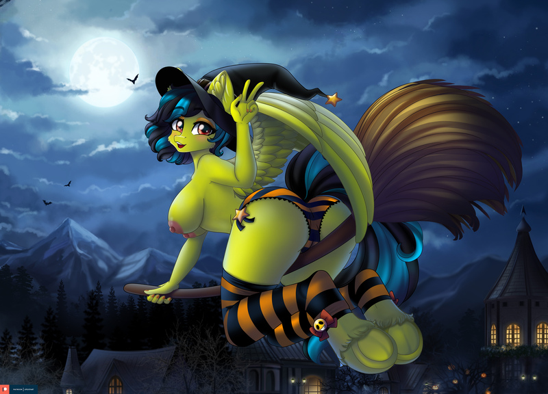 Size: 4149x2986 | Tagged: questionable, artist:lifejoyart, ponerpics import, oc, unofficial characters only, anthro, breasts, clothes, female, halloween, hat, holiday, image, jpeg, looking back, nipples, nudity, panties, partial nudity, topless, underwear, witch hat