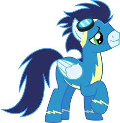 Size: 7821x8000 | Tagged: safe, artist:chainchomp2, derpibooru import, soarin', pegasus, pony, clothes, goggles, goggles on head, image, male, png, raised hoof, simple background, solo, stallion, transparent background, uniform, vector, wonderbolts uniform