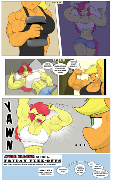 Size: 1519x2426 | Tagged: safe, artist:matchstickman, derpibooru import, apple bloom, applejack, anthro, earth pony, pony, ..., abs, apple brawn, apple sisters, applejack is not amused, applejacked, armpits, bedroom, bicep flex, biceps, breasts, busty apple bloom, busty applejack, clothes, comic, deltoids, dialogue, dumbbell (object), duo, female, flexing, image, mare, matchstickman's apple brawn series, morning, muscles, muscular female, older, older apple bloom, onomatopoeia, pecs, png, siblings, sisters, sleeping, speech bubble, thighs, thunder thighs, triceps, unamused, waking up, weights, yawn