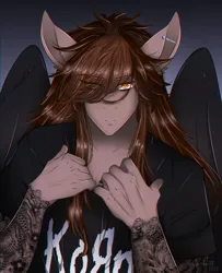 Size: 2292x2817 | Tagged: safe, artist:carbutt69, derpibooru import, oc, oc:nobunaga ryu, anthro, pegasus, black wings, bust, casual, covered eye, ear piercing, image, industrial piercing, long mane, male, multicolored eyes, multicolored mane, muscles, muscular male, piercing, png, portrait, solo, solo male, tattoo, wings