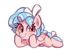 Size: 966x682 | Tagged: safe, artist:deerie, derpibooru import, cozy glow, pegasus, pony, blushing, bow, colored, female, filly, foal, freckles, hooves on cheeks, image, looking at you, lying down, png, prone, smiling, solo, solo female, tail, tail bow, wings