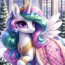 Size: 1024x1024 | Tagged: safe, machine learning generated, ponerpics import, ponybooru import, princess celestia, alicorn, pony, ai content, bing, canterlot, clothes, female, image, jewelry, jpeg, looking at you, mare, regalia, snow, solo, winter outfit