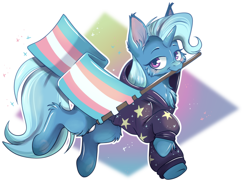 Size: 4096x3075 | Tagged: safe, artist:cutepencilcase, derpibooru import, trixie, pony, unicorn, cheek fluff, chest fluff, clothes, ear fluff, eyebrows, female, g4, high res, hoodie, horn, image, leg fluff, looking at you, mare, mouth hold, mouthpiece, png, politics, pride, pride flag, simple background, solo, sparkles, trans female, trans trixie, transgender, transgender pride flag, transparent background