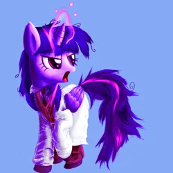 Size: 1280x1280 | Tagged: safe, artist:vultraz, derpibooru import, twilight sparkle, twilight sparkle (alicorn), alicorn, pony, blue background, clothes, coat, female, folded wings, g4, glow, glowing horn, horn, image, lab coat, magic, magic aura, mare, messy mane, messy tail, necktie, open mouth, png, raised hoof, scientist, simple background, solo, tail, wings