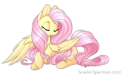 Size: 3000x1855 | Tagged: safe, artist:scarlet-spectrum, derpibooru import, fluttershy, pegasus, pony, crossed hooves, cute, eyes closed, female, g4, high res, image, lying down, mare, one wing out, png, prone, shyabetes, signature, simple background, smiling, solo, transparent background, wings