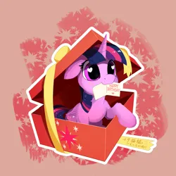 Size: 2331x2332 | Tagged: safe, artist:draconidsmxz, derpibooru import, twilight sparkle, twilight sparkle (alicorn), alicorn, pony, blushing, box, cute, female, floppy ears, folded wings, g4, happy birthday, heart, heart eyes, high res, horn, image, looking at you, mare, mouth hold, png, pony in a box, present, smiling, smiling at you, solo, twiabetes, wingding eyes, wings