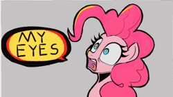Size: 1280x724 | Tagged: safe, artist:ponconcarnal, derpibooru import, pinkie pie, earth pony, pony, animated, bust, gif, image, my eyes, open mouth, scared, simple background, solo, speech bubble, spongebob squarepants, text, the spongebob squarepants movie