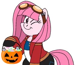 Size: 631x545 | Tagged: safe, artist:muhammad yunus, artist:noi kincade, derpibooru import, oc, oc:annisa trihapsari, earth pony, pony, series:the guardian of leadership, basket, candy, clothes, costume, crossover, earth pony oc, female, food, generator rex, goggles, halloween, halloween costume, happy, holiday, image, jacket, looking at you, mare, one eye closed, pants, png, rex salazar, simple background, smiling, smiling at you, solo, transparent background, trick or treat