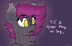 Size: 2048x1309 | Tagged: safe, artist:reddthebat, derpibooru import, oc, oc:selena (reddthebat), unofficial characters only, bat pony, pony, bat pony oc, bat wings, bust, ear fluff, female, freckles, image, mare, open mouth, png, purple background, simple background, solo, wings