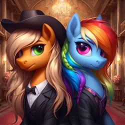 Size: 1024x1024 | Tagged: safe, machine learning generated, ponerpics import, ponybooru import, applejack, rainbow dash, earth pony, pegasus, pony, ai content, anatomically incorrect, back to back, bing, braid, clothes, cowboy hat, duo, ear fluff, ears, female, hat, image, jpeg, mare, palace, suit