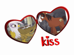 Size: 400x300 | Tagged: safe, derpibooru import, gilda, trouble shoes, clydesdale, gryphon, pony, gif, gildashoes, heart locket, image, jewelry, kissing, locket, makesweet.com, shpping, text