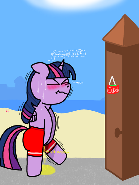 Size: 1080x1440 | Tagged: questionable, derpibooru import, fluttershy, pinkie pie, twilight sparkle, twilight sparkle (alicorn), alicorn, earth pony, pegasus, beach, blushing, desperation, embarrassed, hooves on crotch, image, leaktober, locked, need to pee, omorashi, onomatopoeia, outhouse, pissing, png, potty dance, potty emergency, potty failure, potty time, solo, sweat, this will end in embarrassment, thought bubble, urine, wet shorts, wetting