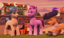Size: 1710x1018 | Tagged: safe, derpibooru import, screencap, hitch trailblazer, pony, g5, my little pony: make your mark, spoiler:g5, spoiler:my little pony: make your mark, spoiler:my little pony: make your mark chapter 5, spoiler:mymc05e06, background pony, clothes, costume, excited, fake moustache, feather, hat, head shake, image, male, my little pony: make your mark chapter 5, nightmare on mane street, pirate, pirate hat, poster, stallion, throwing, uninterested, unknown pony, webm