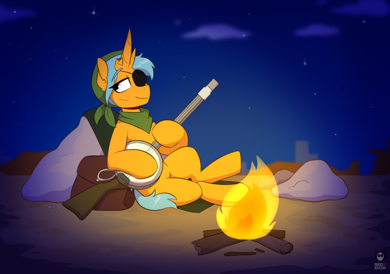 Size: 1436x1010 | Tagged: safe, artist:redxbacon, derpibooru import, oc, oc:penny, unofficial characters only, unicorn, fallout equestria, campfire, camping, commission, eyepatch, fallout, female, feral, fire, gun, horn, image, multiple horns, musical instrument, png, sitting, solo, solo female, travelling, unicorn oc, weapon