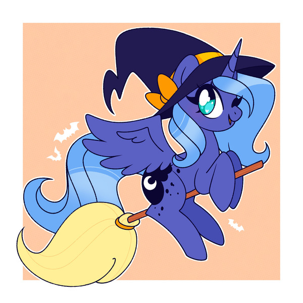 Size: 1500x1500 | Tagged: safe, artist:vivian reed, derpibooru import, princess luna, alicorn, pony, border, broom, female, flying, flying broomstick, halloween, hat, heart, heart eyes, holiday, image, jpeg, mare, one eye closed, open mouth, open smile, orange background, riding, s1 luna, simple background, smiling, solo, spread wings, wingding eyes, wings, witch hat