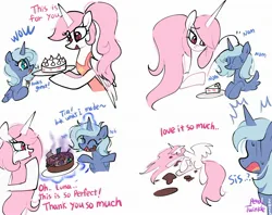 Size: 2048x1623 | Tagged: safe, artist:petaltwinkle, derpibooru import, princess celestia, princess luna, alicorn, pony, alternate hairstyle, apron, blue coat, blue eyes, blue mane, blue text, cake, cakelestia, chewing, clothes, comic, cute, cutelestia, dialogue, drool, duo, duo female, eating, emanata, eye clipping through hair, eyebrows, eyebrows visible through hair, eyes closed, female, filly, filly luna, folded wings, food, food coma, fork, g4, glow, glowing horn, head pat, hidden eyes, hoof hold, horn, image, jpeg, laughing, lethal chef, levitation, long horn, looking at each other, looking at someone, lunabetes, magic, magnetic hooves, mare, nervous sweat, onomatopoeia, open mouth, open smile, pat, patting, pink eyes, pink mane, pink tail, pink text, pink-mane celestia, ponytail, prank fail, raised hoof, raised hooves, royal sisters, sibling love, siblings, signature, simple background, sisterly love, sisters, smiling, smiling at each other, spread wings, starry eyes, sweat, sweatdrop, tail, talking, teardrop, teary eyes, telekinesis, text, that pony sure does love cakes, tied mane, wall of tags, white background, white coat, wingding eyes, wings, woona, you tried, young celestia, young luna, younger