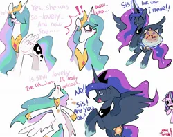 Size: 2048x1623 | Tagged: safe, artist:petaltwinkle, derpibooru import, princess celestia, princess luna, starlight glimmer, alicorn, earth pony, pony, unicorn, a royal problem, bags under eyes, comic, duo, exclamation point, female, floppy ears, food, hair over one eye, image, jpeg, lethal chef, levitation, magic, mare, pancakes, simple background, swapped cutie marks, teary eyes, telekinesis, white background