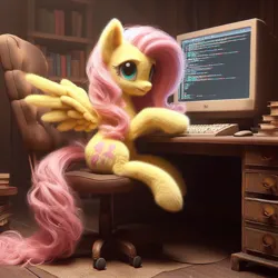 Size: 1024x1024 | Tagged: safe, machine learning generated, ponerpics import, ponybooru import, fluttershy, pegasus, pony, ai content, alternate cutie mark, bing, book, chair, computer, desk, dirty, female, fluffy, image, jpeg, mare, messy mane, messy tail, programming, solo