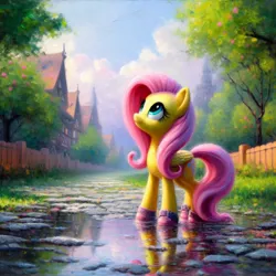 Size: 1024x1024 | Tagged: safe, derpibooru import, machine learning generated, fluttershy, pegasus, pony, ai content, cloud, female, fence, grass, houses, image, jpeg, looking up, mare, painting, puddle, rain boots, road, sky, solo, tree, wrong cutie mark