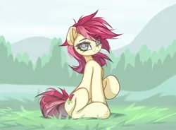 Size: 4096x3014 | Tagged: safe, artist:jfrxd, derpibooru import, roseluck, earth pony, pony, eyebrows, eyebrows visible through hair, female, grass, high res, image, looking at you, mare, outdoors, png, raised hoof, simple background, sitting, smiling, smiling at you, solo