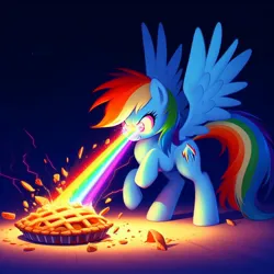 Size: 1024x1024 | Tagged: safe, derpibooru import, machine learning generated, rainbow dash, pegasus, pony, ai content, destruction, eye beams, female, food, image, jpeg, mare, pie, rainbow, solo, spread wings, wings