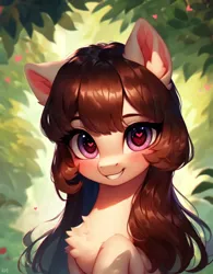Size: 800x1024 | Tagged: safe, derpibooru import, machine learning generated, stable diffusion, oc, ai content, bangs, beautiful, blushing, brown mane, bust, chest fluff, cute, generator:purplesmart.ai, heart, heart eyes, image, jpeg, leaves, long hair, looking at you, portrait, prompter:diego96, smiling, solo, teeth, wingding eyes