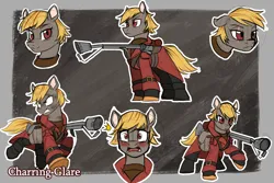 Size: 3600x2400 | Tagged: safe, artist:redahfuhrerking, derpibooru import, oc, oc:charring glare, unofficial characters only, earth pony, pony, female, flamethrower, image, mare, passepartout, png, pyro, reference sheet, solo, team fortress 2, weapon