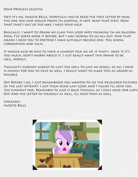 Size: 700x900 | Tagged: safe, artist:faelaarts, derpibooru import, diamond tiara, pony, unicorn, fanfic:a little loopy, fanfic art, image, letter, open mouth, png, solo, text