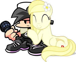 Size: 4596x3772 | Tagged: safe, artist:tankman, derpibooru import, oc, oc:chris, oc:daisy heart, unofficial characters only, human, pegasus, pony, adobe animate, black hair, black shirt, bruh, daisy (flower), flower, friday night funkin', happy, hug, human oc, image, looking at you, microphone, pegasus oc, png, serious, serious face, simple background, smiling, tail, transparent background, wings, yellow mane, yellow skin, yellow tail
