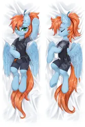 Size: 1969x2953 | Tagged: safe, alternate version, artist:inowiseei, derpibooru import, oc, oc:morning star, unofficial characters only, pegasus, pony, fallout equestria, bag, baton, battery, bedsheets, belt, body pillow, cable, clothes, enclave, enclave uniform, eyes closed, female, grand pegasus enclave, holster, id card, image, insignia, jpeg, lying down, mare, obtrusive watermark, on back, ponytail, shorts, side, sleeping, smiling, solo, spread wings, tactical vest, uniform, utility belt, watermark, wings