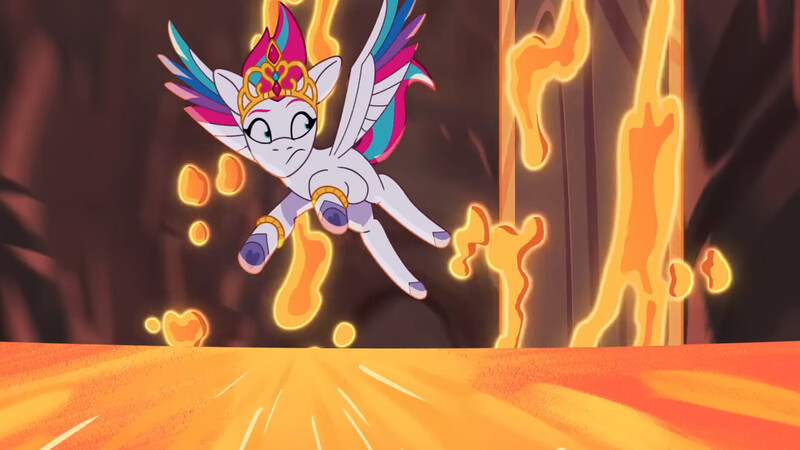 Size: 3072x1727 | Tagged: safe, derpibooru import, screencap, zipp storm, pegasus, pony, g5, my little pony: tell your tale, spoiler:g5, spoiler:my little pony: tell your tale, spoiler:tyts01e62, female, flying, frown, image, jpeg, lava, lavarynth, mare, solo, spread wings, wings