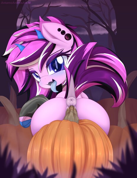 Size: 3165x4096 | Tagged: explicit, artist:an-m, derpibooru import, oc, oc:purple mayflower, unofficial characters only, pony, anus, butt, commission, dock, female, forest, high res, image, improvised sex toy, insertion, jpeg, looking at you, looking back, looking back at you, mare, nudity, open mouth, plot, ponut, pumpkin, sex toy, sitting, solo, solo female, tail, tongue out, tree, underhoof, vaginal insertion, vaginal secretions, ych result