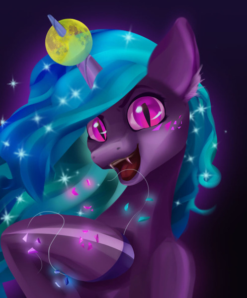 Size: 807x975 | Tagged: safe, artist:polnocnykot, derpibooru import, izzy moonbow, nightmare moon, pony, unicorn, g5, ball, bracelet, ear fluff, fangs, female, gradient background, halloween, holiday, horn, horn impalement, image, izzy's tennis ball, jewelry, jpeg, looking at you, mare, mlp fim's thirteenth anniversary, moon, open mouth, open smile, smiling, smiling at you, solo, stars, teeth, tennis ball, two toned hair, two toned mane, wavy mane