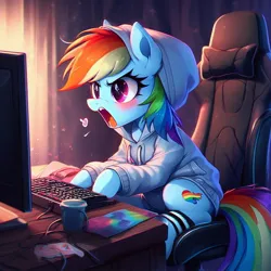 Size: 1024x1024 | Tagged: safe, derpibooru import, machine learning generated, rainbow dash, pony, ai content, angry, blushing, chair, clothes, computer, desk, generator:dall-e 3, hoodie, image, jpeg, keyboard, monitor, mug, office chair, open mouth, prompter:ponynyanners, sitting, socks