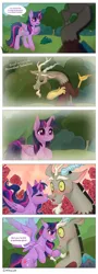 Size: 3040x8417 | Tagged: safe, alternate version, artist:daffolyn, derpibooru import, edit, editor:zcord, discord, twilight sparkle, twilight sparkle (alicorn), alicorn, comic:discordant intentions, comic:discordant intentions (version 2), the ending of the end, antlers, blushing, bowing, close-up, commissioner:zcord, female, flashback, flower, flowing hair, flowing mane, grass, hair grab, hair pulling, heart, high res, hoof on chest, horn, image, kiss on the cheek, kissing, male, outdoors, outline, png, raised hoof, rose, scene interpretation, ship:discolight, shipping, shocked, shocked expression, shojo, signature, sparkles, straight, text edit, tsundere, white outline