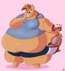 Size: 1280x1399 | Tagged: suggestive, artist:necrofeline, derpibooru import, oc, oc:blurblob, anthro, pony, unguligrade anthro, unicorn, bbw, belly, big belly, big breasts, bingo wings, breasts, cake, chubby, chubby cheeks, clothes, fat, food, hooves, horn, image, large butt, neck roll, obese, patreon, patreon logo, pink background, png, rule 63, shirt, shorts, simple background, sleeveless, sleeveless shirt, solo, ssbbw, stretched cutie mark, stretching, thighs, thunder thighs, unicorn oc