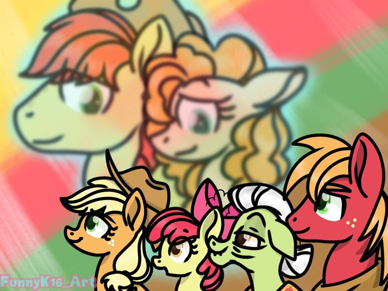 Size: 1024x768 | Tagged: safe, artist:funnyk16, derpibooru import, apple bloom, applejack, big macintosh, bright mac, granny smith, pear butter, earth pony, pony, apple family, female, filly, foal, image, jpeg, male, mare, ponytober, ponytober 2023, stallion, watermark